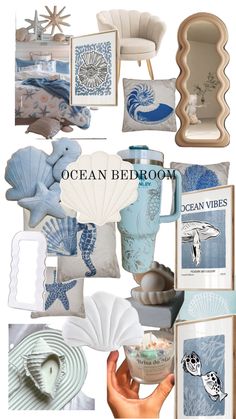 a collage of blue and white items with the words ocean bedroom written on them