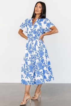 Lydie Button Midi Dress | White + Blue Blue And White Lace Dress, Blue White Dress, Mother Of The Bride Dress Blue, Classy Summer Dresses, White Dress Blue Flowers, Blue Button-up Midi Dress For Summer, Blue Button-up Midi Dress With Button Cuffs, Classy Summer Dress, Blue Cotton Button-up Midi Dress