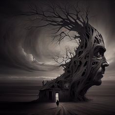 a person standing in front of a house with a tree on it's head