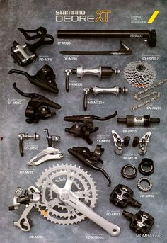 the components of a bicycle are shown in this advertisement for mountain bike parts and accessories