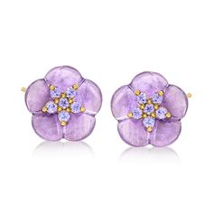 It'll always feel like spring when you don these pretty flower earrings! The pair blossoms with 5.50 ct. t.w. amethyst flowers adorned with .30 ct. t.w. tanzanites in polished 18kt yellow gold over sterling silver. Post/clutch, tanzanite and amethyst flower earrings. Jewelry Presentation, Amethyst Flower, Amethyst Birthstone, Flower Carving, Luxury Jewellery, Amethyst Color, Dreamy Room, Pretty Flower, Flower Pendant Necklace