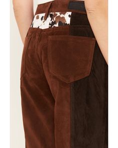 Model is 5'9 " wearing a size 26. Western back yoke. Color block brown and tan faux suede fabrication. Five-pocket design. Straight leg. Denim Details, Straight Pants, Boots For Sale, Denim Women, Faux Suede, Color Block, Two Tone, Rock And Roll, Straight Leg