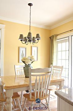 a dining room table and chairs with yellow walls