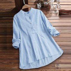 Pattern: PlaidFabric name: cotton blendProduct Category: ShirtSleeve type: regular sleeveCollar type: Stand CollarSleeve length: long sleeve  USUK/AUSEURBustLengthSleeve LengthCMinchCMinchCMinchS4-6103610039.37 6726.38 5822.83 M8-10123810541.34 6826.77 5923.23 L12-14144011043.31 6927.17 6023.62 XL16-18164211545.28 7027.56 6124.02 XXL20-22184412047.24 7127.95 6224.41 3XL24-26204612549.21 7228.35 6324.80 4XL28-30224813051.18 7328.74 6425.20 5XL32-34245013553.15 7429.13 6525.59 Plus Size Autumn, Comfy Shirts, Women Shirts Blouse, Long Sleeve Casual, Blue Plaid, Black Blouse, Shirt Online, Stand Collar, Cotton Linen