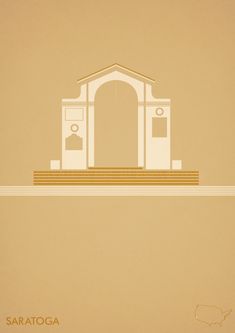 an illustration of a building with a door and steps in front of it on a beige background