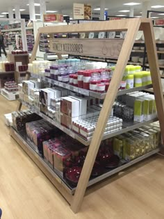 the shelves are filled with different types of items for sale in the store's aisles