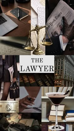 a collage of photos with the words the lawyer on it and images of books