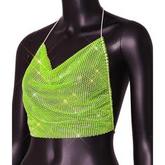 Neon rhinestone see through backless top. Summer Party Mesh Top With Built-in Bra, Trendy Halter Top With Built-in Bra For Night Out, Evening Backless Top With Built-in Bra, Party Backless Halter Top With Built-in Bra, Stretch Halter Top With Built-in Bra For Party, Trendy Party Tank Top With Built-in Bra, Green Stretch Backless Crop Top, Fitted Green Mesh Top For Party, Green Y2k Style Top For Club