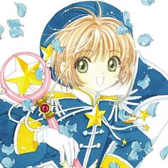 an anime character with green eyes and blonde hair holding a pink star in her hand