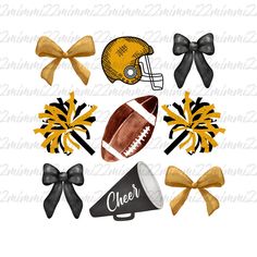 the football and cheer bow clipart is shown in gold, black, and white