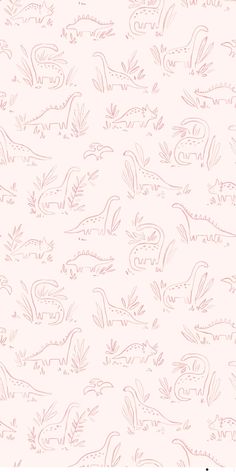 pink and white wallpaper with dinosaurs on it