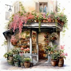 a painting of a flower shop with potted plants