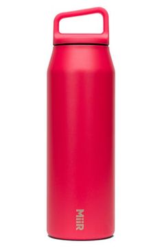 thermos insulated water bottle in pink is shown on a white background with a red handle