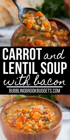 carrot and lentil soup with bacon in a wooden bowl