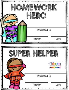 two certificates with the words homework hero and super helper