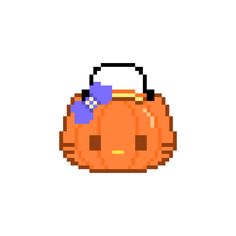 an orange pixellated pumpkin with a purple bow on it's head, sitting in front of a white background