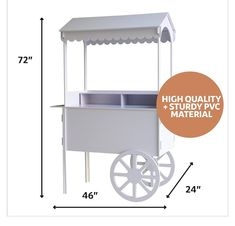 a white cart with an awning on top and the measurements below it for each item