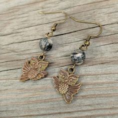 Spiderweb Jasper Owl Dangle Earrings - handpainted natural stone jewelry Earthy Earrings, Jasper Jewelry, Handmade Leather Bracelets, Unique Jewelry Gifts, Jewelry Post, Upcycled Jewelry