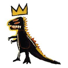 a drawing of a dinosaur with a crown on its head and teeth, standing in front of a white background