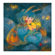 a painting of a girl holding a teddy bear in her arms and looking up at the sky