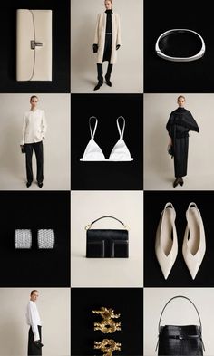 a collage of black and white images with women's clothing, shoes, handbags and accessories