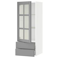 a white and grey cabinet with glass doors