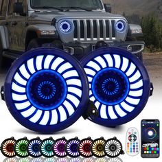 the front and rear view of a jeep with blue leds on it's wheels