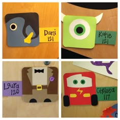 four different pictures of paper cut outs with name tags on them, including cars and monsters