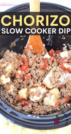 a slow cooker filled with ground beef and diced potatoes is shown in the bowl