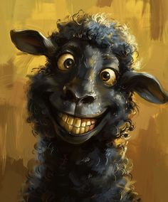 a painting of a smiling black sheep with curly hair