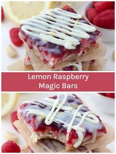 lemon raspberry magic bars are stacked on top of each other