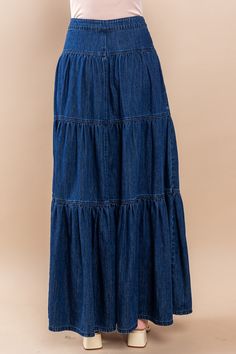 Step out in style with our Boho wide sweep denim skirt. The tiered maxi design adds a touch of elegance, while the side pockets provide convenience. Expertly crafted with quality denim, this skirt is perfect for any occasion. Experience the perfect blend of fashion and function with our Boho denim skirt. Tiered Denim Skirt, Maxi Tiered Skirt, Maxi Design, Boho Denim, Denim Maxi, Denim Maxi Skirt, Cotton Maxi, Signature Look, Tier Skirt