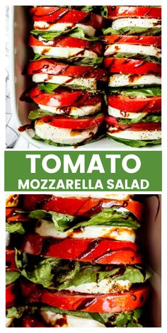 tomato and mozzarella salad in a white dish with the title text overlay