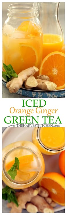 an orange ginger green tea is shown in two pictures