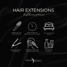 the instructions for hair extensions are shown in black and white, with gold trimmings