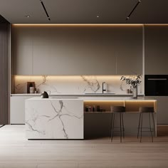 a modern kitchen with marble counter tops and stools