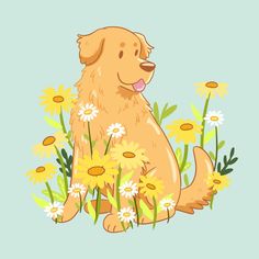 a dog sitting in the grass with daisies