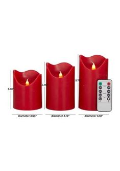 three red candles with remote control on white background