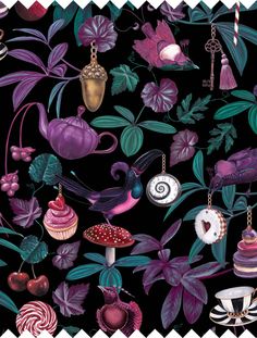 a black background with purple and pink flowers, leaves, cupcakes, mushrooms, acorns and other things on it