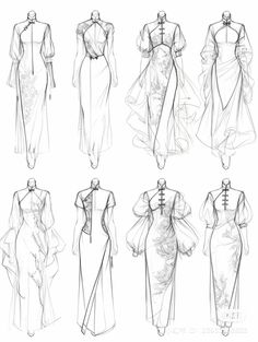 sketches of dresses and gowns from the back to the front, with long capes on