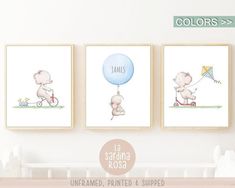 three framed pictures of animals with balloons on them