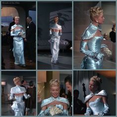 several pictures of the same woman in different outfits, one is wearing a silver dress