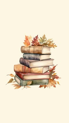 a stack of books with leaves on top