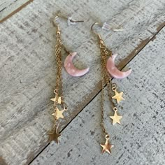 Moon And Star Earrings Length- Approximately 3 Inches Moon Accessories, Moon And Star Earrings, Clay Jewelry Diy, Moon And Star, Skull Earrings, Pink Marble, Moon Earrings, Girly Jewelry, Jewelry Inspo