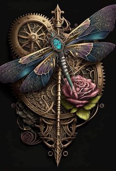 a dragonfly sitting on top of a clock with gears in it's wings