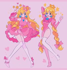 two cartoon girls dressed in pink and yellow outfits with stars on their heads, one wearing a