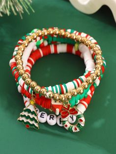 5pcs/Set Handmade Ceramic Beaded Bracelets Christmas Santa Claus & Snowflake Jewelry Set Multicolor Fashionable   Polymer Clay     Women Fashion Jewelry, size features are:Bust: ,Length: ,Sleeve Length: Polymer Clay Charm Bracelet, Ceramic Beads Bracelet, Snowflake Jewelry, Preppy Bracelets, Christmas Clay, Clay Bracelet, Christmas Santa Claus