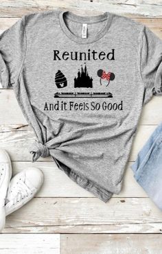 Reunited with Disney World and it feels so good Shirt w/ Black, Grey or White ImageShirts shown are: Athletic Heather, White, and Heather Prism Dusty BlueBella Canvas Unisex Tee, these shirts run larger for women, I would advise sizing down one size. These do run longer as well, they pair great with leggings and can also be tied nicely for a more fitted look.This updated unisex essential fits like a well-loved favorite, featuring a crew neck, short sleeves and designed with superior combed and r Disney World Monorail, Cinderella Shirt, Disney World Castle, Disney World Shirt, Disneyland Shirt, Disney Secrets, Just A Small Town Girl, Disney Trip Shirts, Disneyland Shirts