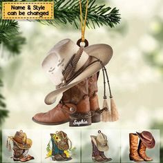 a christmas ornament with cowboy boots and hats