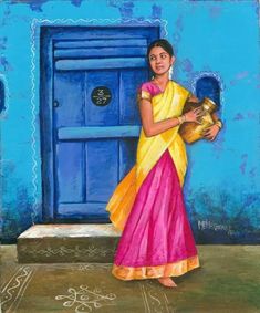 a painting of a woman in front of a blue door